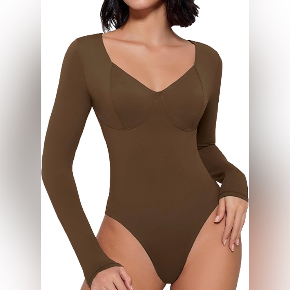 Avidlove Bodysuit Long Sleeve Double Lined V Neck Tummy Control Shapewear